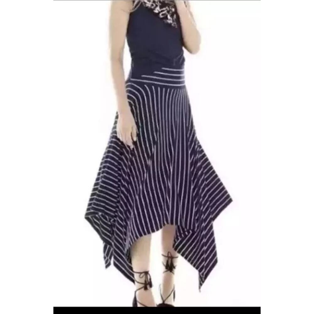 CAbi #5183 Women's Blue White Striped Asymmetric Stretchy Midi Skirt Size Small